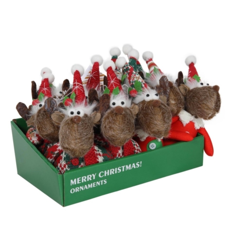 Rendier met kerstmuts hangend rood/grijs 20cm 2 assorti