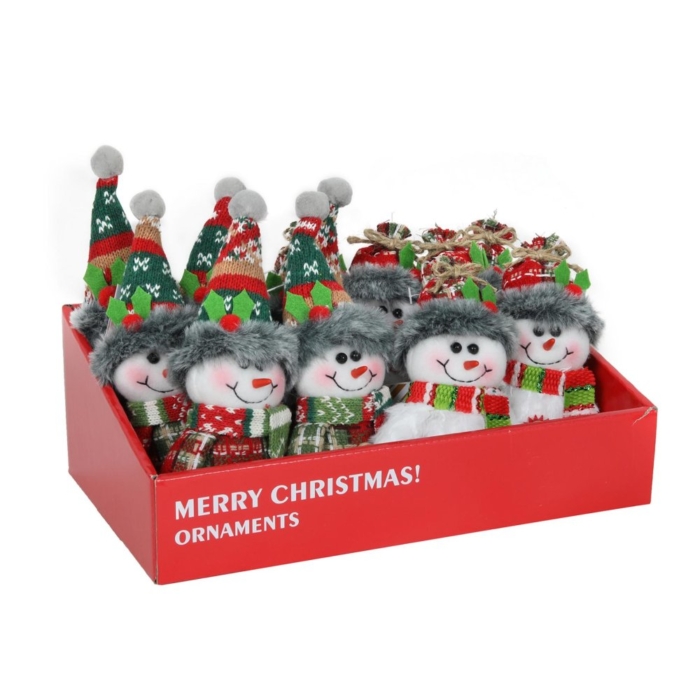 Sneeuwpop met kerstmuts hangend rood/grijs 15cm 2 assorti