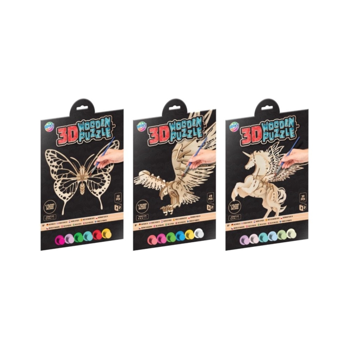 Puzzel hout 3D met verf en kwast 3 assorti