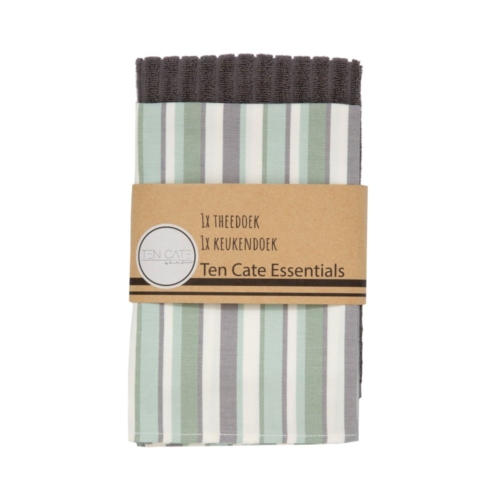 Keukenset stripe grijs groen ten cate 1x theedoek 1x keukendoek