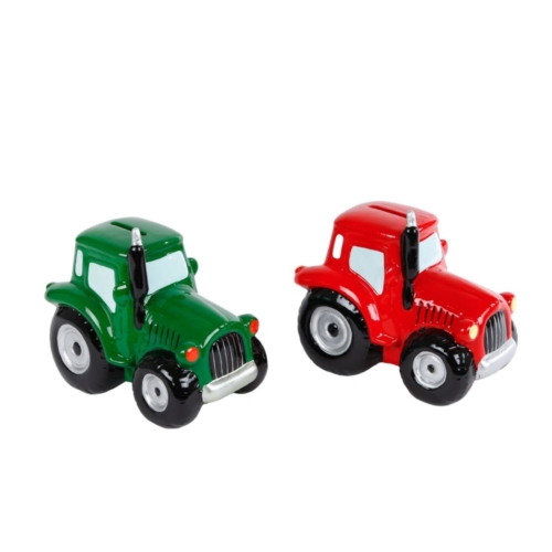 Spaarpot aardewerk tractor groen/rood ass