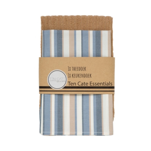 Keukenset stripe denim blauw/zand ten cate 1x theedoek 1x keukendoek