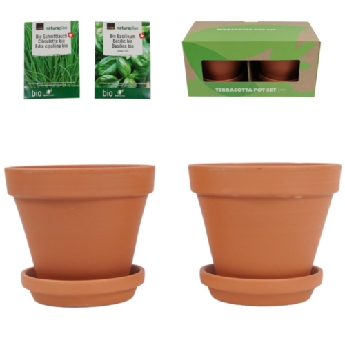 Terracotta potten met bieslook en basilicum zaden 13