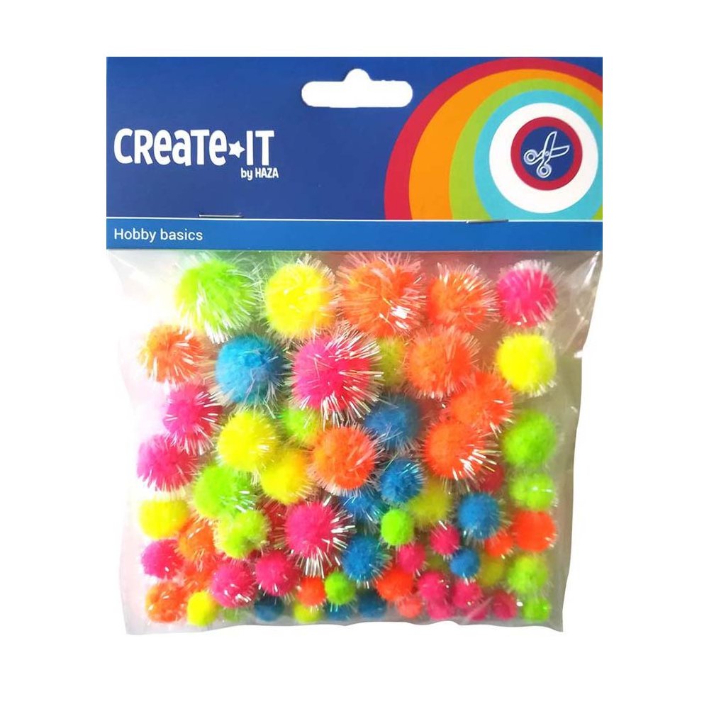 Create-It Pompoms Glitter Neon Mix 75 Stuks