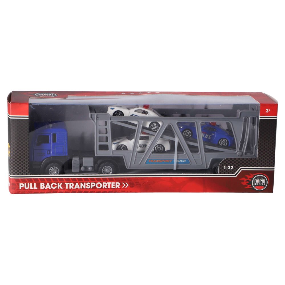 Rapid Wheels vrachtwagen pull back diecast met 3  auto's