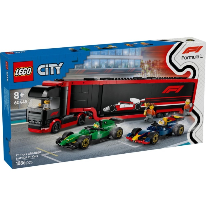 LEGO 60445 City F1 truck met RB20 en AMR24 F1 auto's