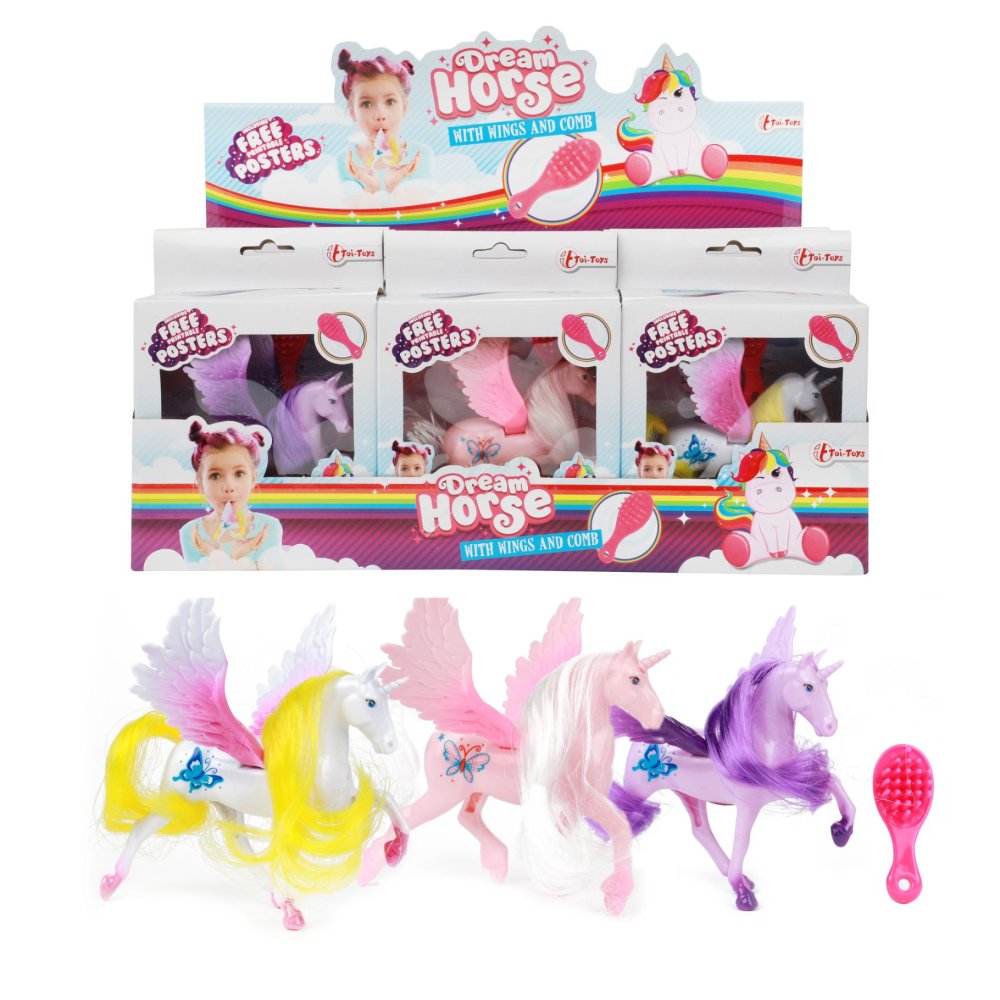 Eenhoorn pegasus met borstel 3 assorti