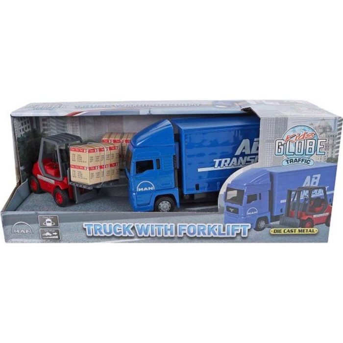 Kids Globe Man Vrachtwagen 17cm met vorkheftruck  10 cm