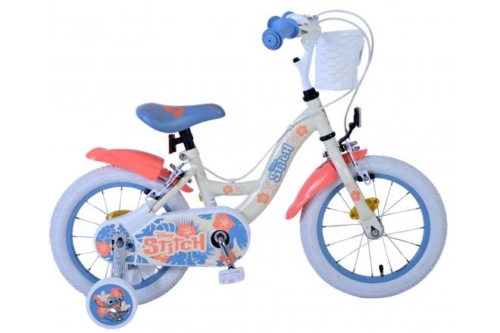 Disney Stitch Kinderfiets - Meisjes - 14 inch - Crème Koraal Blauw - Twee handremmen